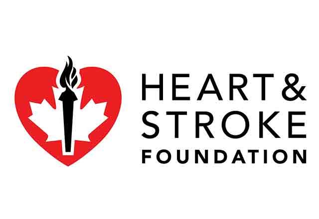 The logo for the heart and stroke foundation shows a heart with a maple leaf and a torch.