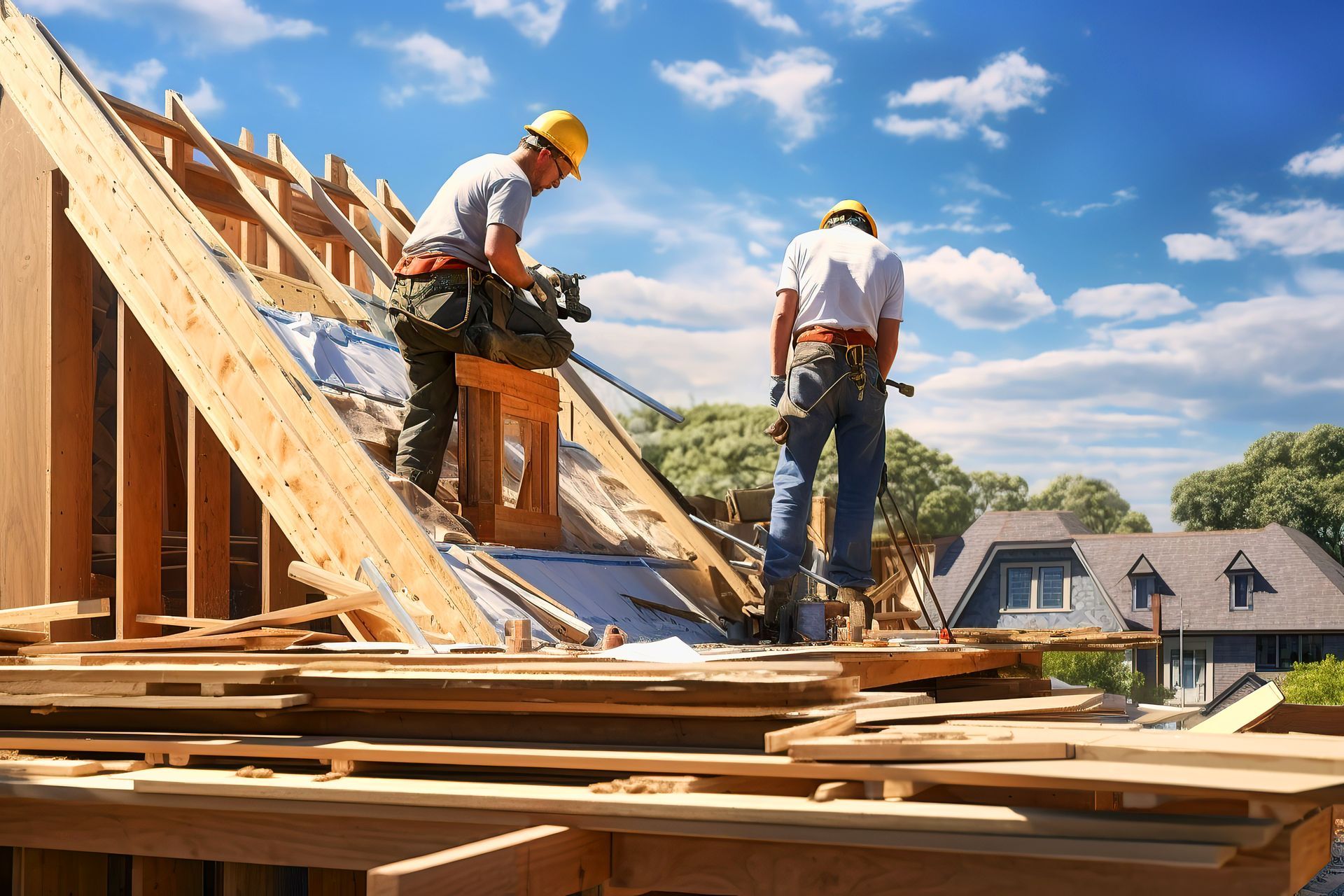 Two construction workers are working on the roof of a house under construction.