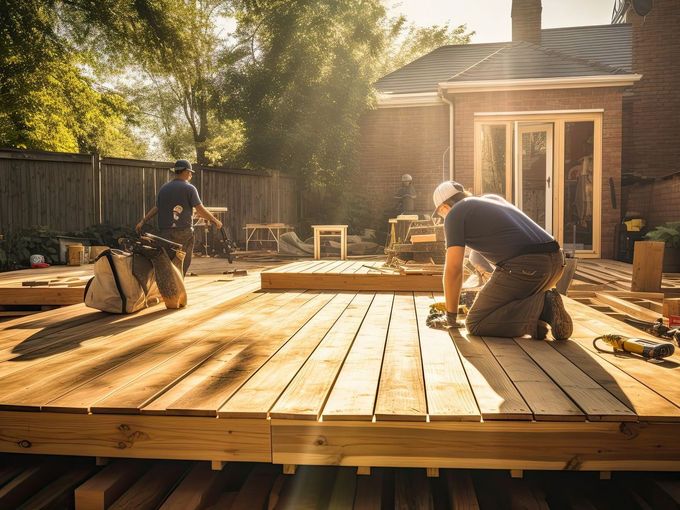 Two men are working on a wooden deck in front of a house.
