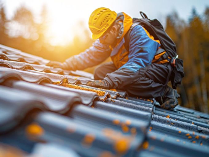 A man is working on the roof of a house.