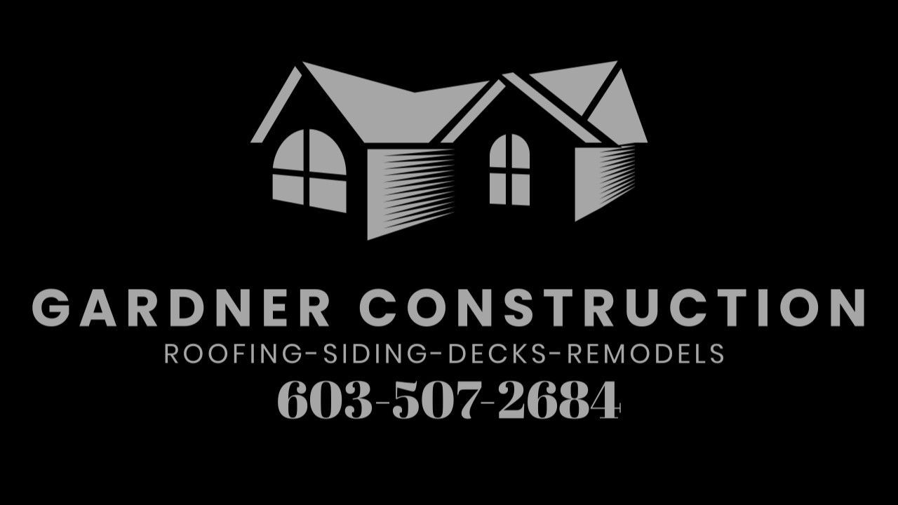 A black and white logo for gardner construction roofing siding decks remodels