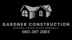 A black and white logo for gardner construction roofing siding decks remodels