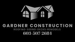A black and white logo for gardner construction roofing siding decks remodels