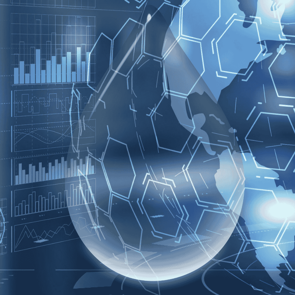 A blue background with a globe and graphs on it