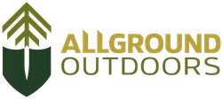Logo for Allground Outdoors featuring a green and gold shield emblem containing a stylized tree, with text to the right.