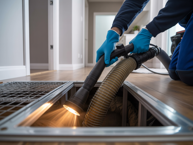 Technicians in blue gloves cleaning a kitchen vent duct with a vacuum hose and light.