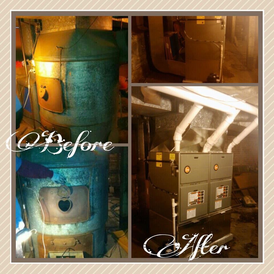 Before-and-after of a boiler room duct and furnace with insulation and piping replacements