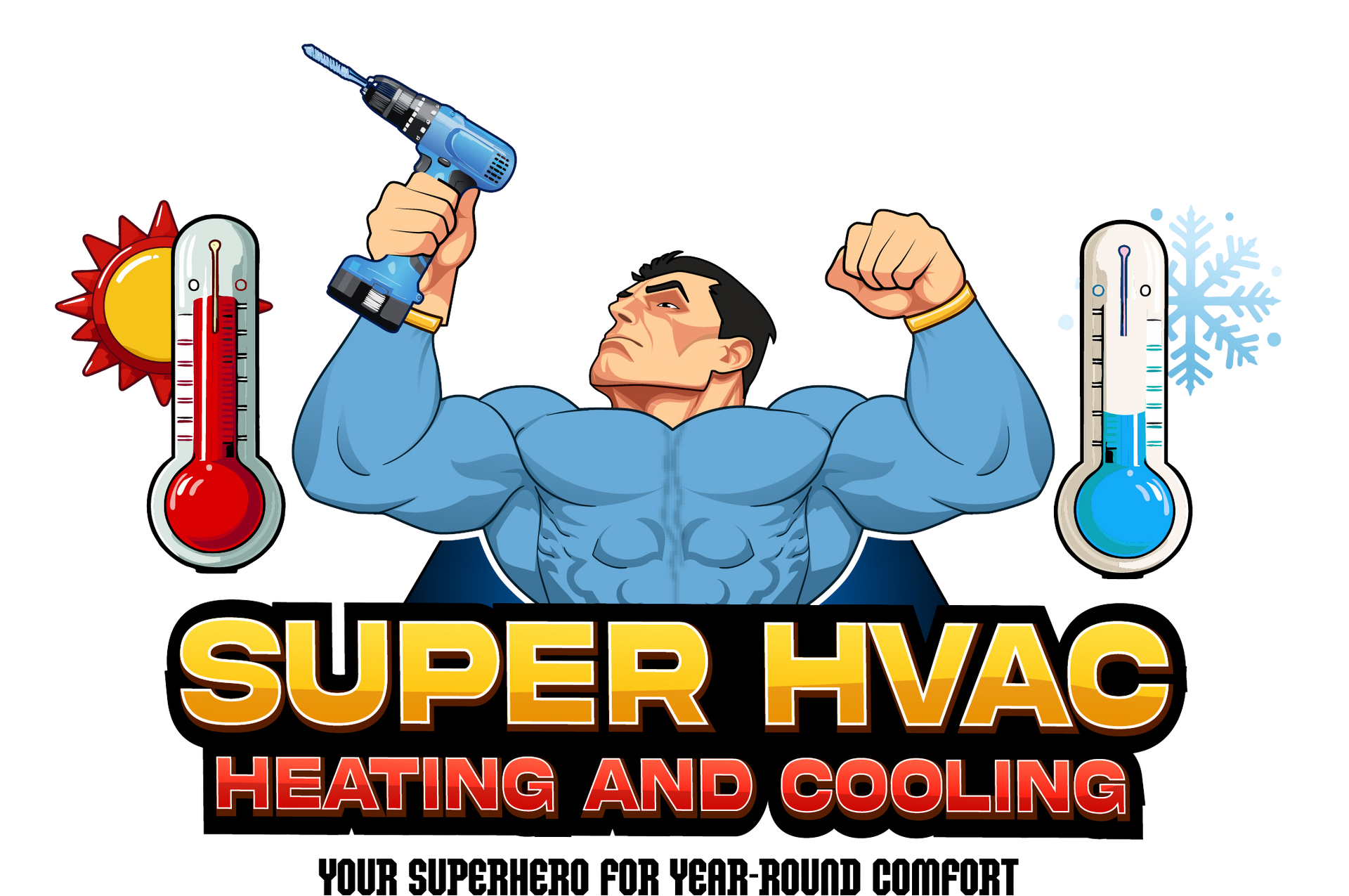HVAC logo with a smiling repairman, heat and cold thermometers, and “SUPER HVAC Heating and Cooling” text