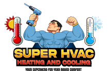 HVAC logo with a smiling repairman, heat and cold thermometers, and “SUPER HVAC Heating and Cooling” text