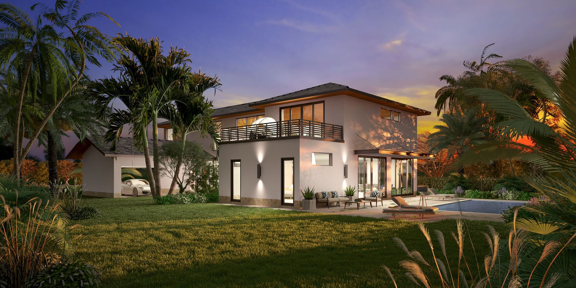 A two-story home with a pool at sunset. The home is white with dark trim and surrounded by lush landscaping.