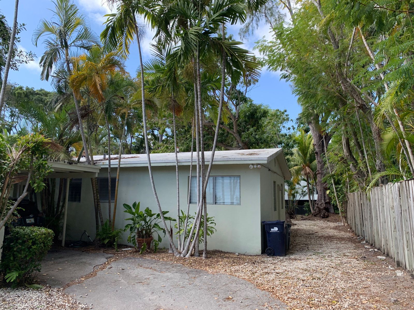 A small white house is surrounded by trees and bushes.