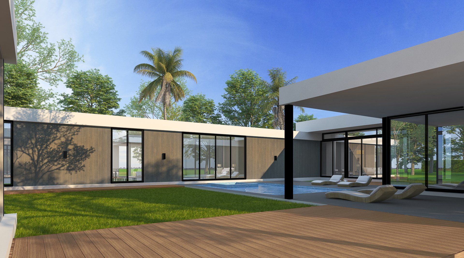 Modern home with pool, glass walls, and wooden deck surrounded by trees.