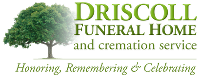 Logo for Driscoll Funeral Home, with a tree and green text.