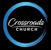 Crossroads Church logo: White script on black, framed by a blue brushstroke circle.