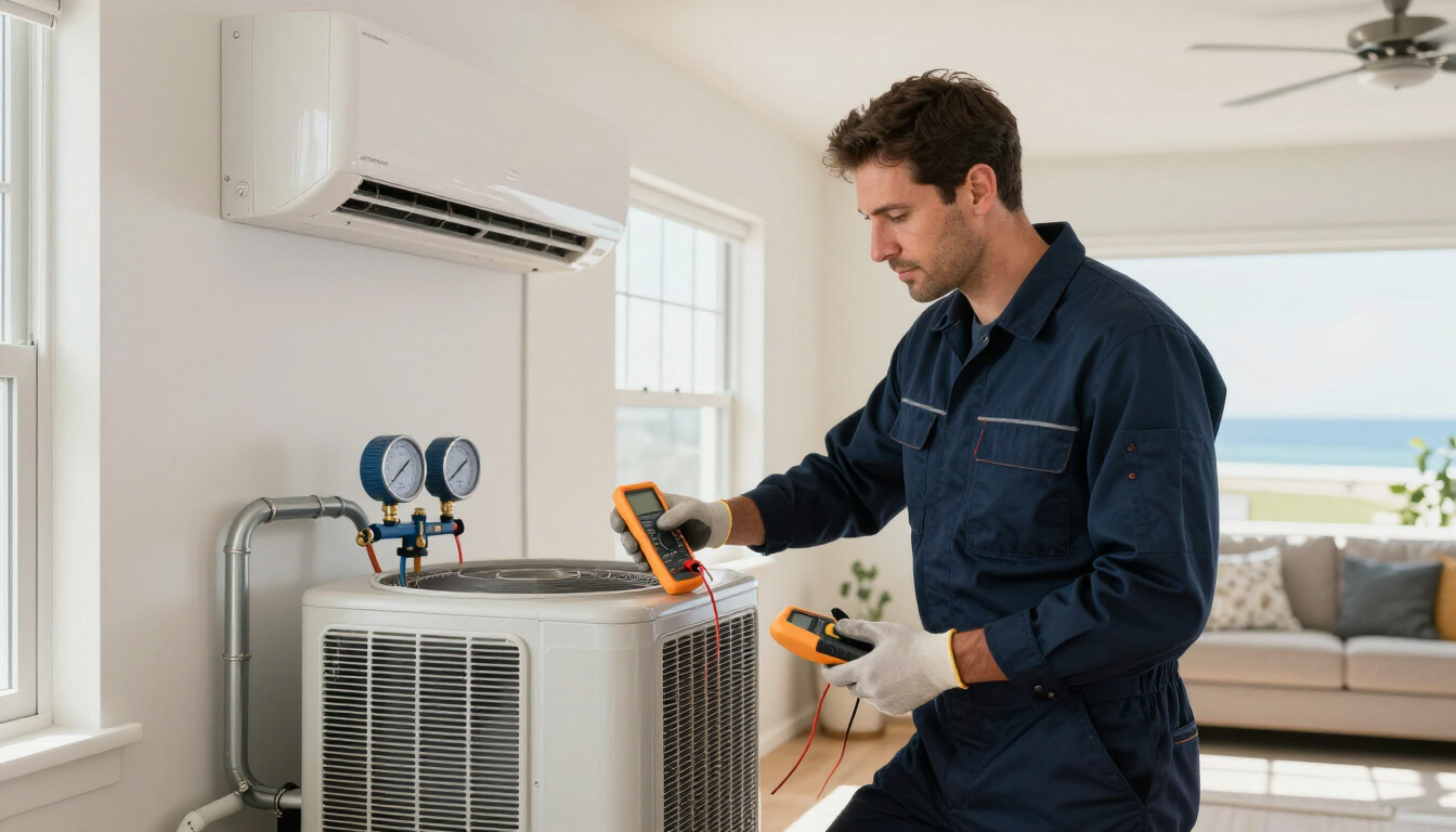 Technician performing HVAC maintenance in San Diego