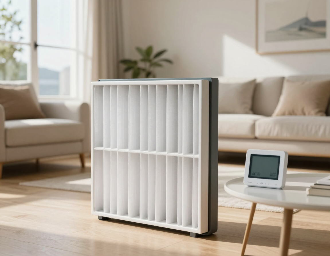 Clean HVAC filter beside a residential thermostat