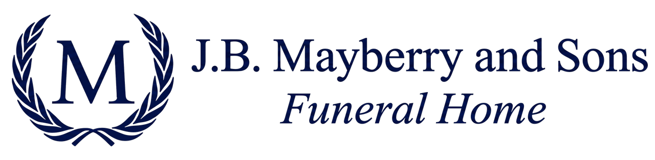 J.B. Mayberry and Sons Funeral Home logo with blue laurel wreath and stylized M