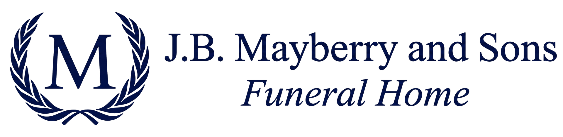 J.B. Mayberry and Sons Funeral Home logo with blue laurel wreath and stylized M