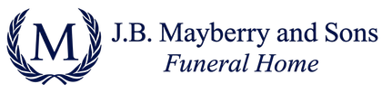 J.B. Mayberry and Sons Funeral Home logo with blue laurel wreath and stylized M