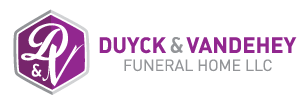 DuYck & VandeHey Funeral Home LLC logo with purple emblem and white text