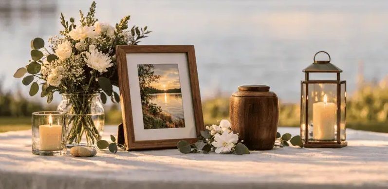 Wedding-style candlelit table with framed sunset photo, white flowers, wooden vase, and lanterns on a white cloth