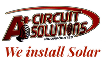 Logo for A+ Circuit Solutions, a company that installs solar panels. Red and gold text on white.
