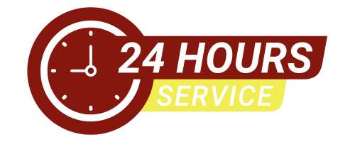 24-hour service logo with a clock icon in maroon, above the text
