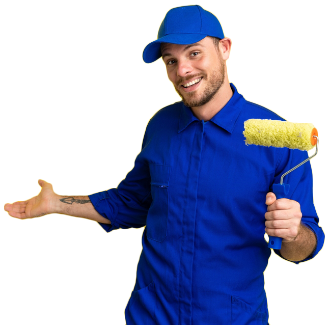 A man in a blue shirt is holding a paint roller