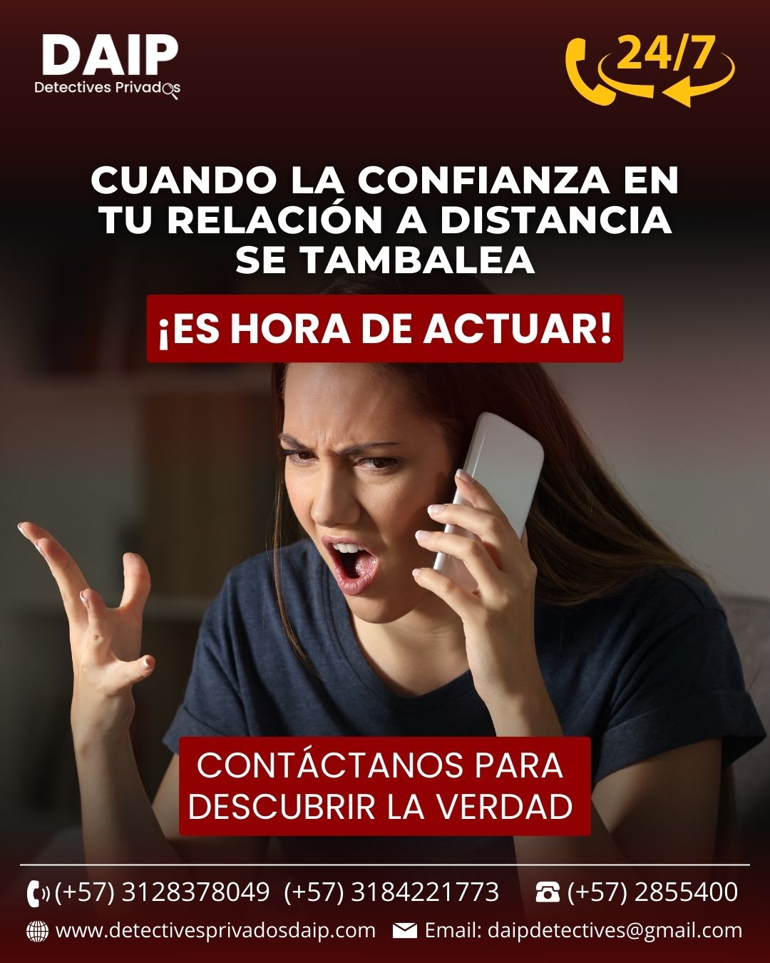 Un anuncio de servicios de detectives privados que muestra a una persona angustiada hablando por teléfono