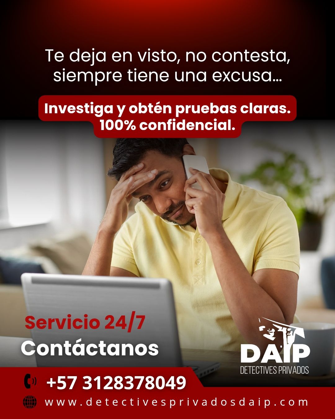 Hombre estresado frente a laptop con anuncio de servicio 24/7 y contacto confidencial.