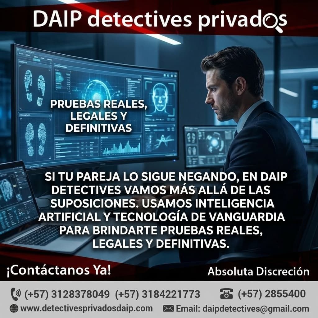 Anuncio de detectives privados en tonos azul y negro, con hombre revisando datos en una pantalla digital.