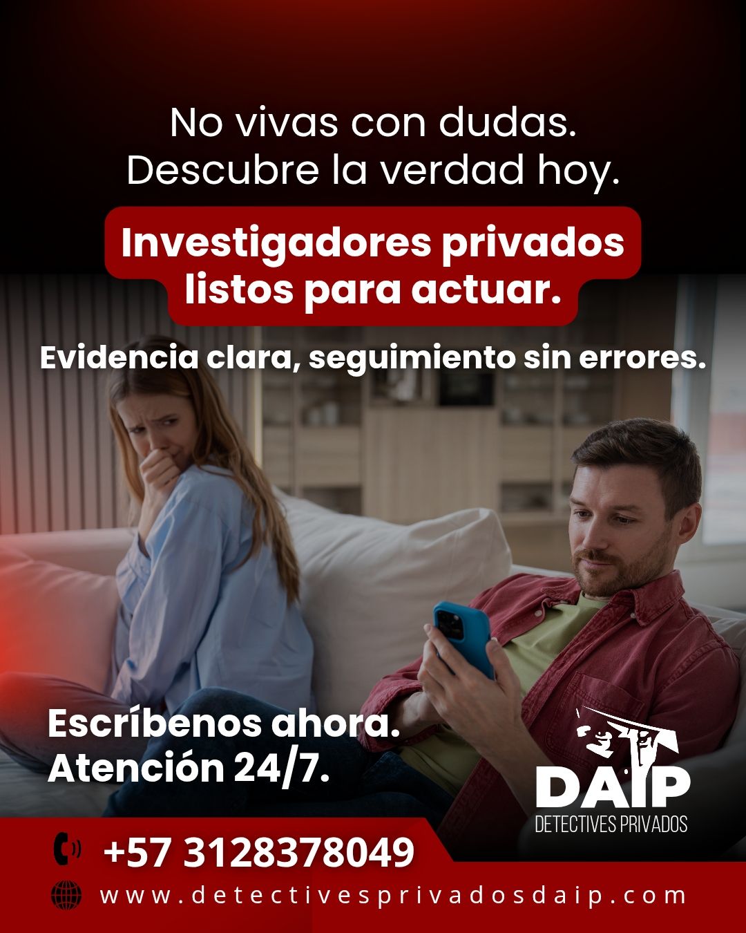 Anuncio de investigadores privados con pareja en un sofá y texto promocional sobre vigilancia 24/7.