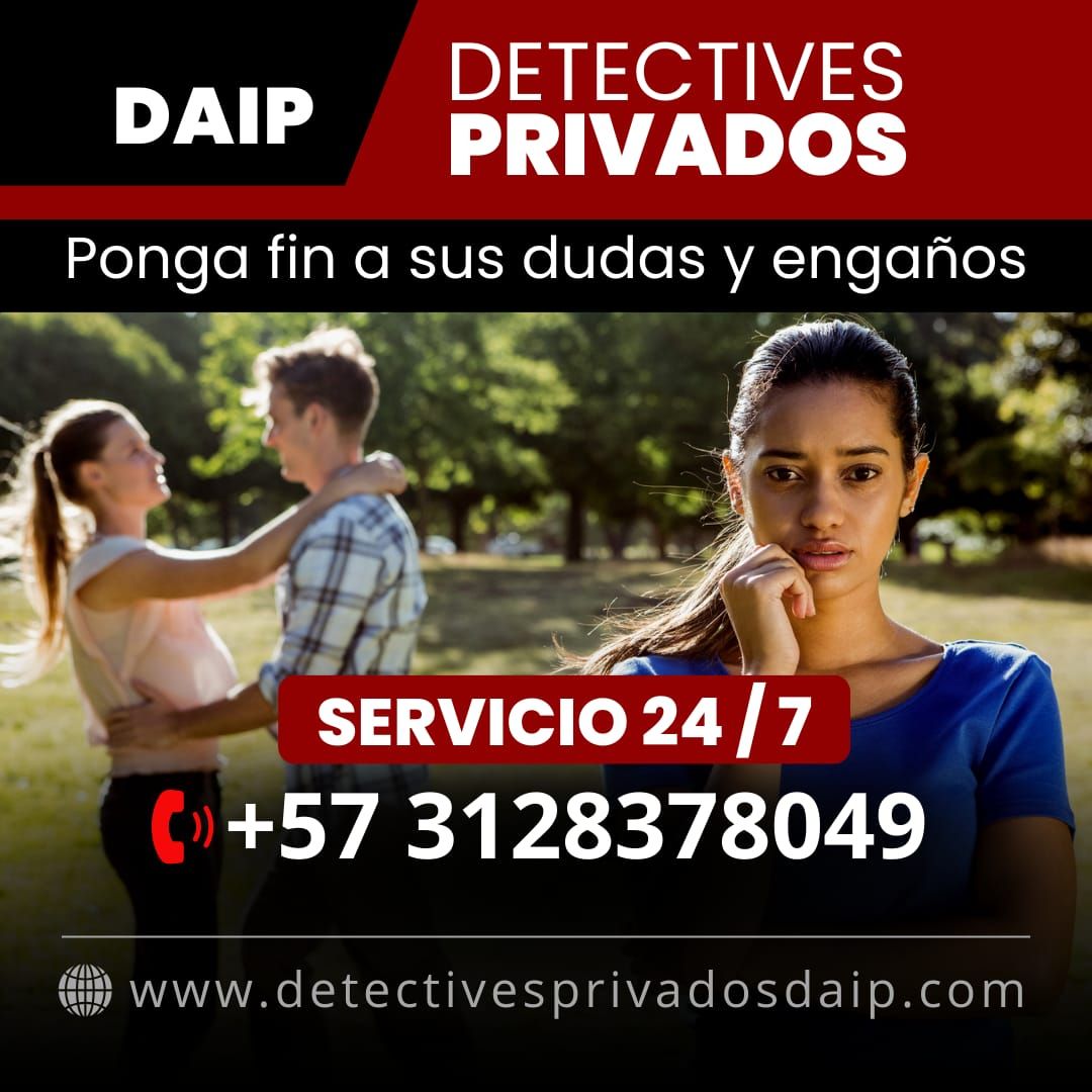 Publicidad de detectives privados DAIP, con teléfono, sitio web y mensaje “Servicio 24/7” sobre fondo de pareja en parque