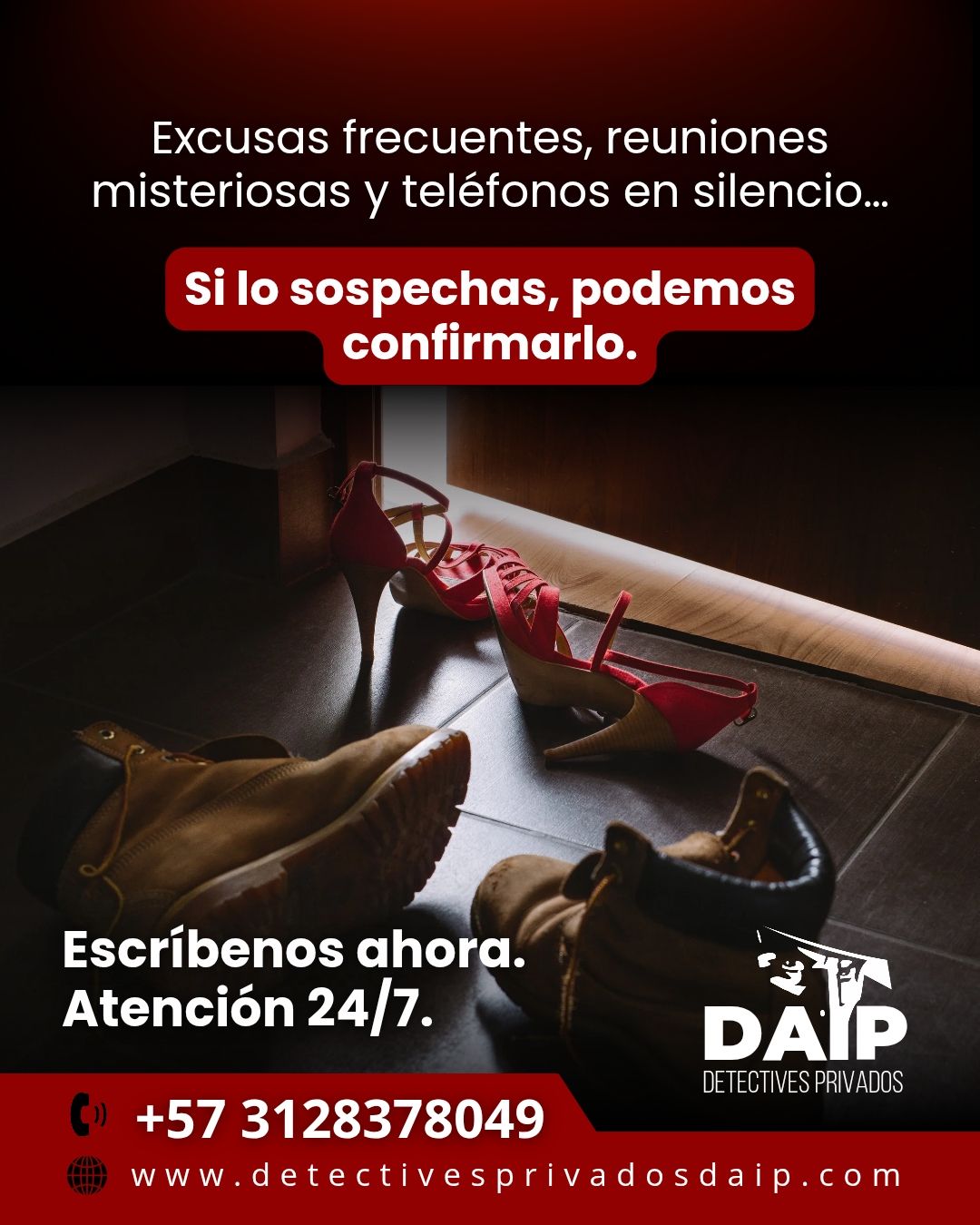 Mano con tacones rojos y cinta métrica bajo luz tenue; anuncio de apoyo para confirmar sospechas de infidelidad.