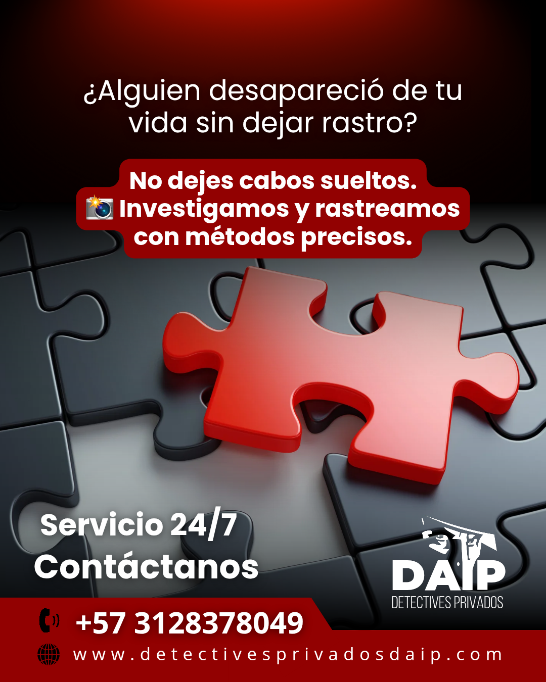 Anuncio de los servicios de detectives privados DAIP con una pieza de rompecabezas roja sobre fondo negro