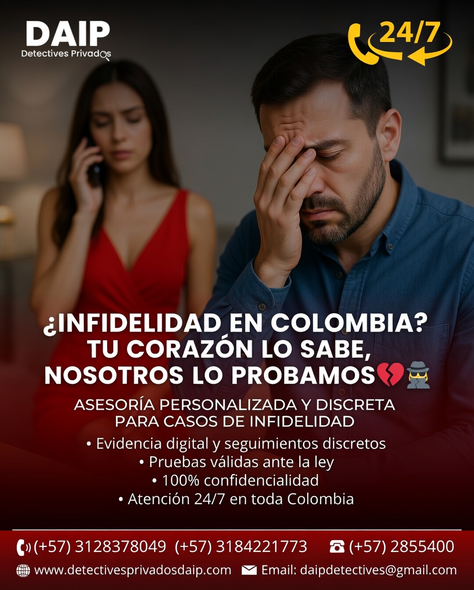 Servicio legal 24/7 sobre infidelidad en Colombia, con hombre preocupado y mujer al teléfono.