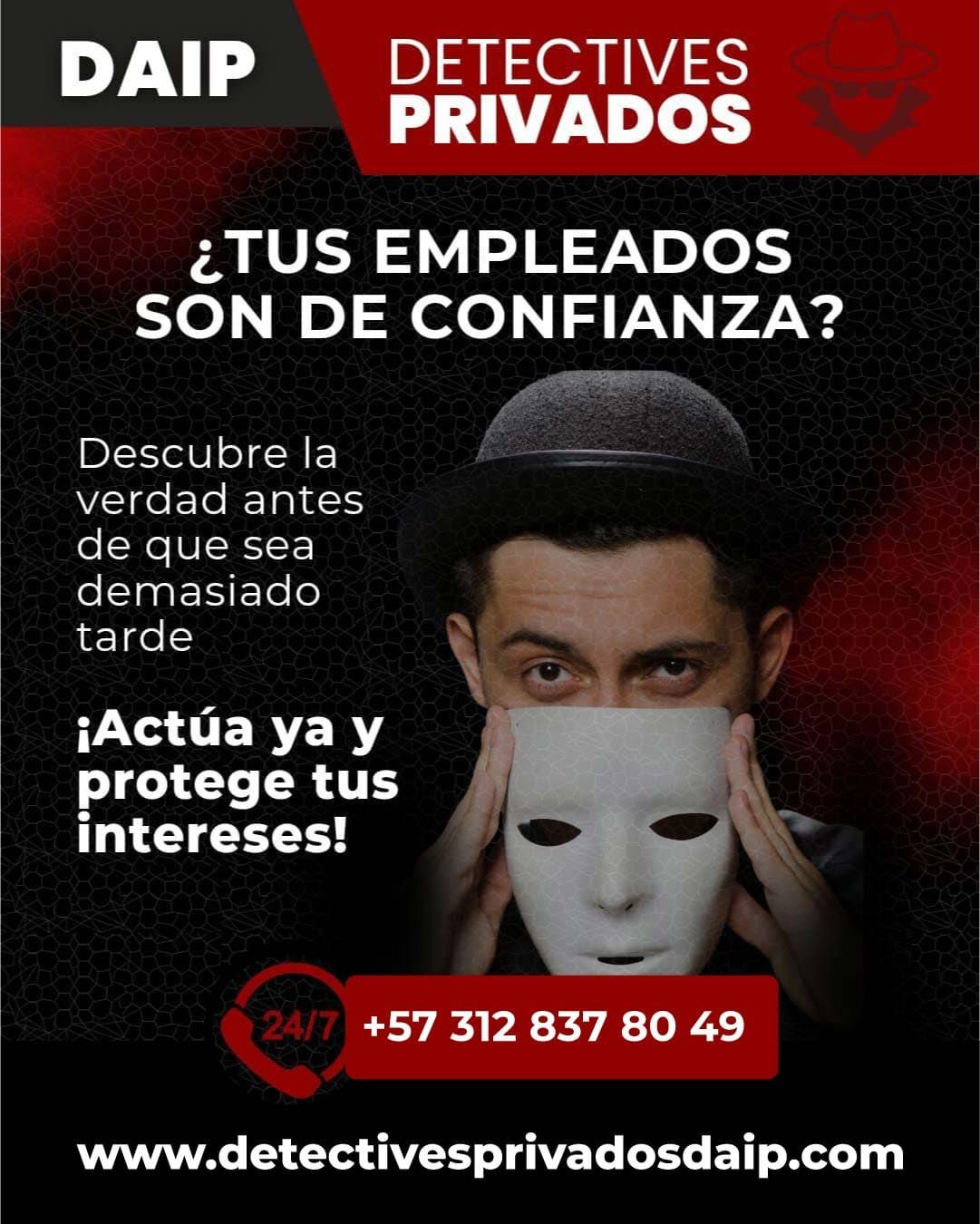 Publicidad de detectives privados con fondo rojo y negro, hombre enmascarado y texto sobre empleados de confianza.