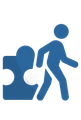 Blue icon of a walking person beside a puzzle piece with a missing white piece