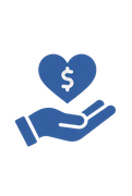 Blue hand holding a heart with a dollar sign, representing donations or financial support