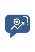 Blue speech bubble with rising chart, heart icon, and arrow for analytics or growth
