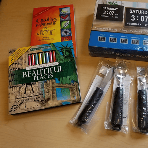 clock, utensils, coloring books