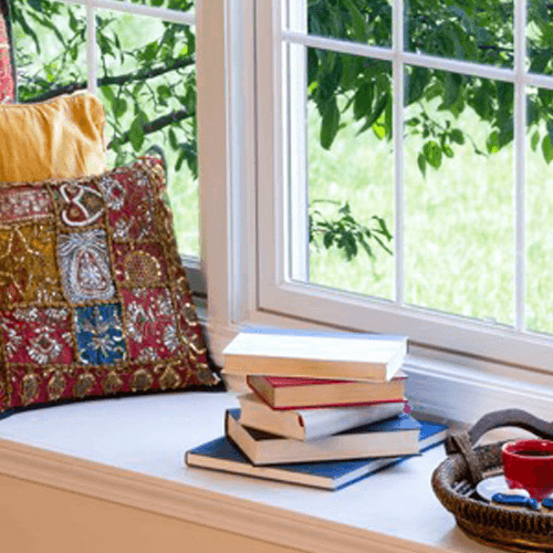 Room with a sunny window bench and soothing colors