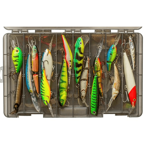 A tackle box with brightly-colored fish lures in compartments