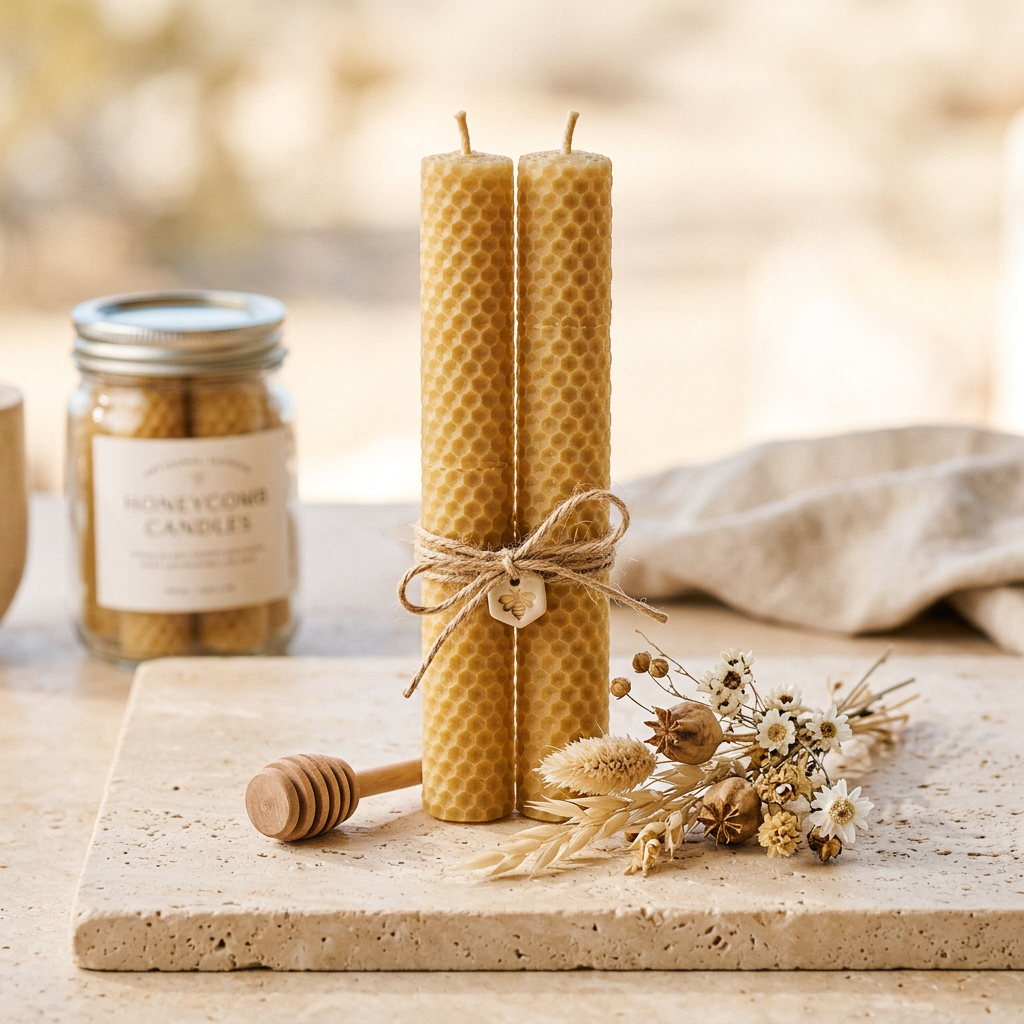 Handcrafted Honeycomb Beeswax Taper Candles (Pair of Two)