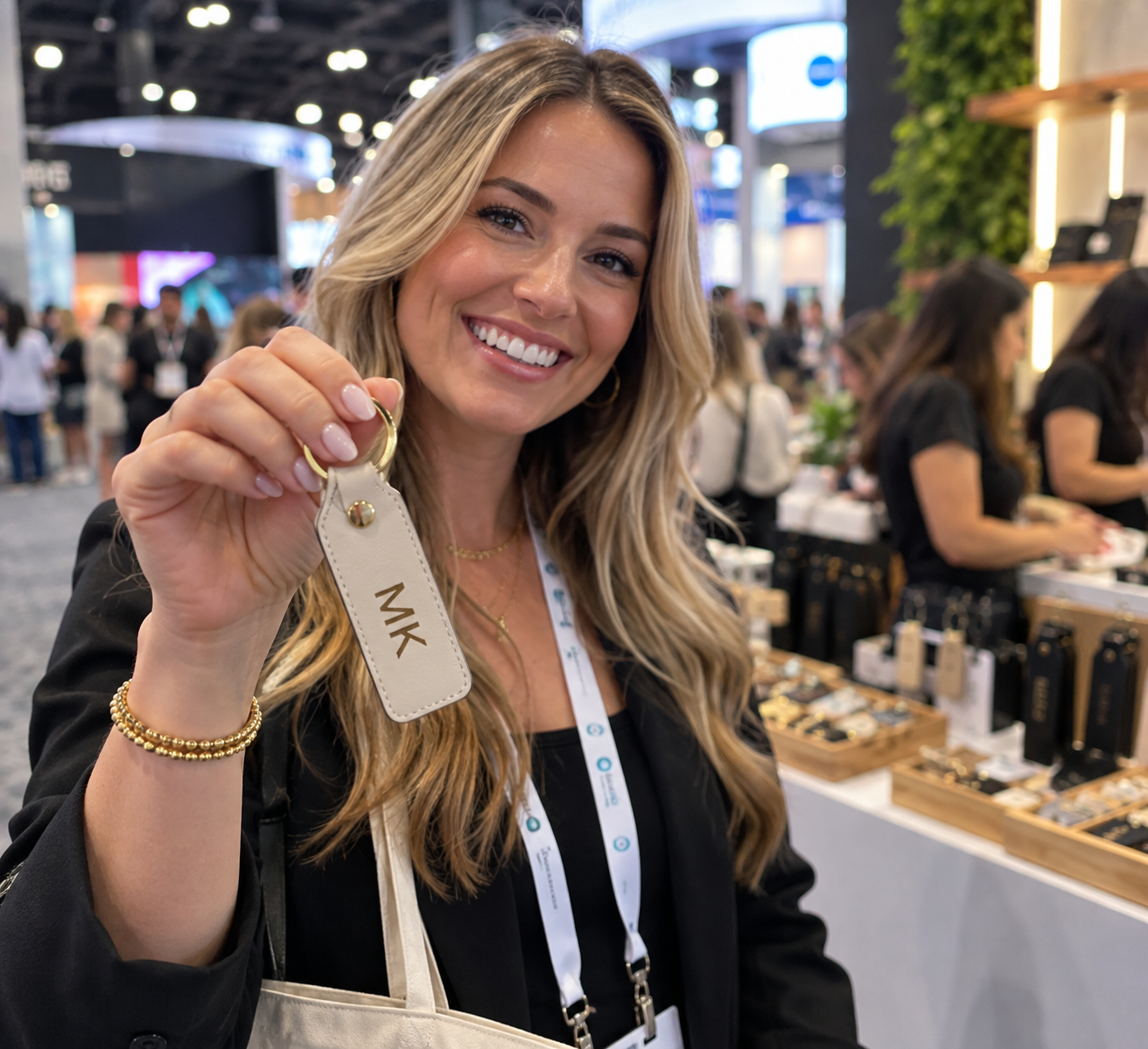 Guest holding a personalized engraved keychain from a POSE MADE personalization bar at a Louisville event