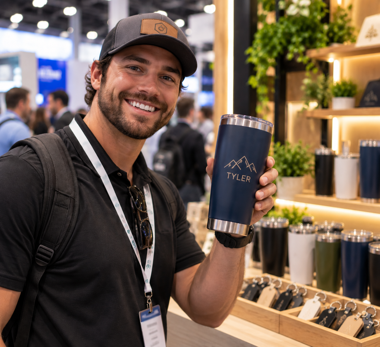 Guest holding a laser-engraved tumbler from a live engraving bar at a Louisville event