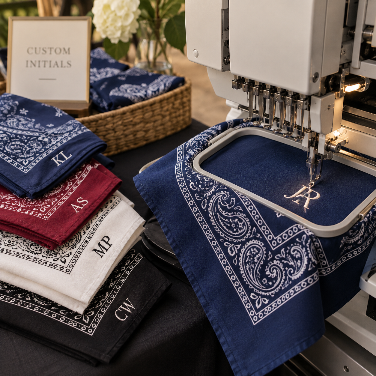 Live embroidery bar monogramming bandanas at a Louisville event