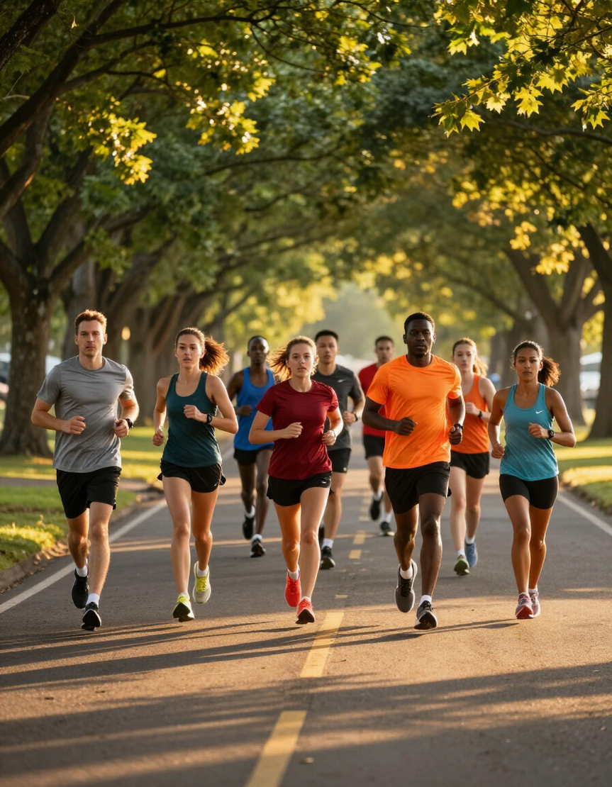 Community runners racing on a tree-lined road at golden hour