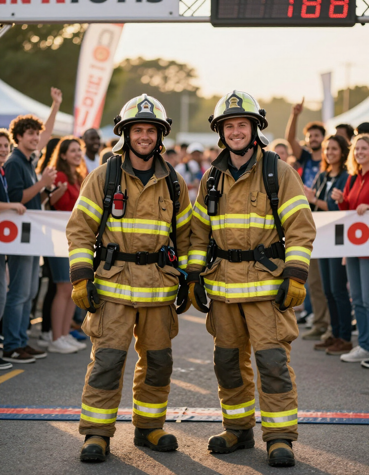 Two firefighters in gear near a race finish line with a cheering crowd