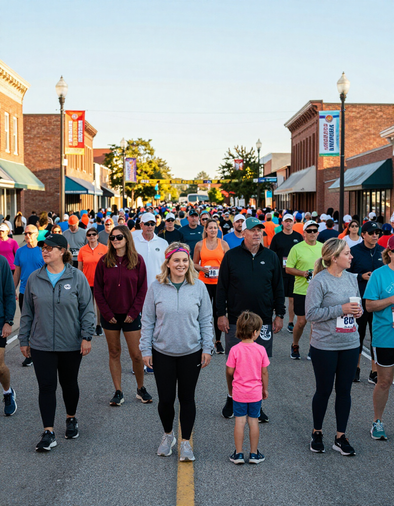 Community members gathered at a race start line on a small-town main street